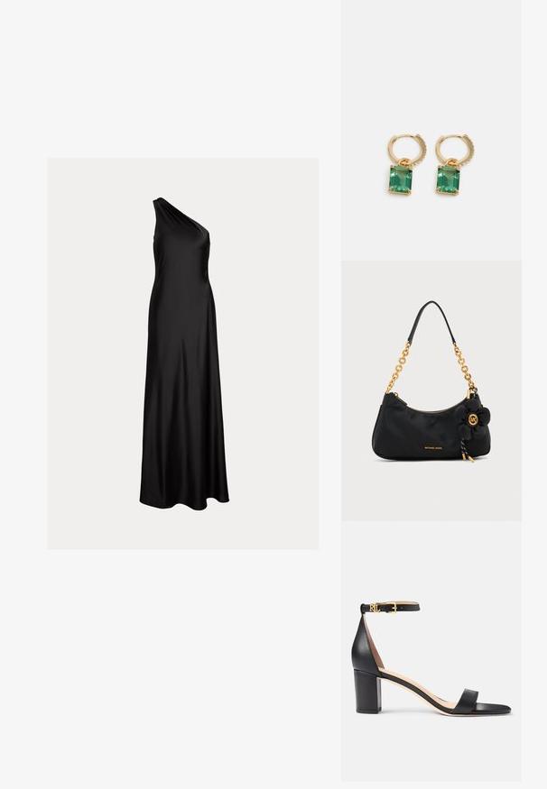 Robe de soirée longue en satin noir à une épaule, avec un corsage ajusté et une jupe fluide.; Lauren Ralph Lauren LOGAN BURNISHED LEATHER SANDAL - Sandales - black; Sac à épaule noir Michael Kors avec bandoulière chaîne dorée, fermeture éclair dorée et un charm fleur noire avec logo MK doré.; Boucles d'oreilles en or en forme de créole ornées de pierres précieuses vertes rectangulaires, maintenues par des griffes et décorées de petites cristaux transparents le long de la créole.