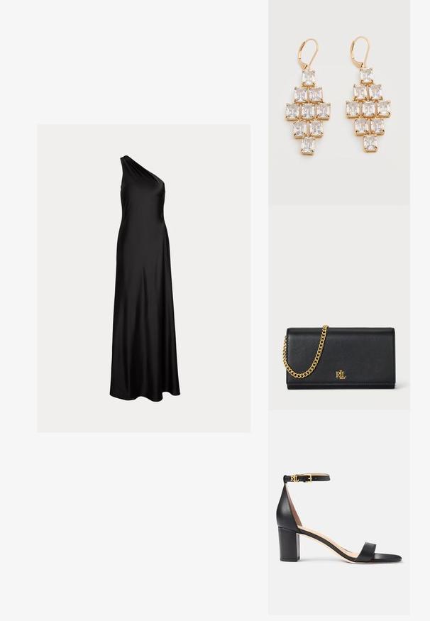 Sort satin en-shoulder gulvlængde aftenkjole med tætsiddende bodice og flydende nederdel.; Lauren Ralph Lauren LOGAN BURNISHED LEATHER SANDAL - Sandaler - black; Sort læderpung med en guld kædestrop, der har et guld logo foran. Minimalistisk design med en glat overflade og slank form.; Dingleøreringe i guldton med rektangulære klare krystaller arrangeret i et geometrisk, lagdelt mønster og med låseclips bagpå.