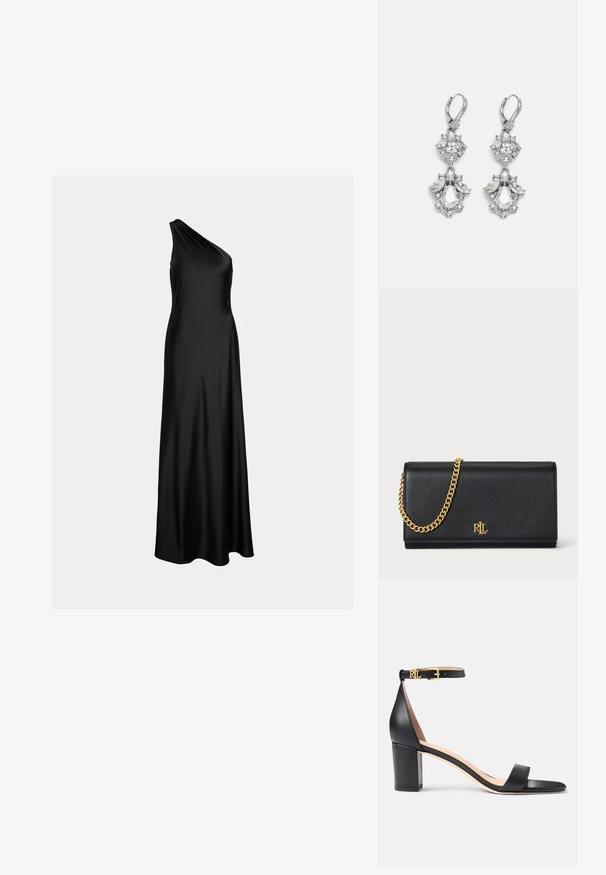 Sort satin en-shoulder gulvlængde aftenkjole med tætsiddende bodice og flydende nederdel.; Lauren Ralph Lauren LOGAN BURNISHED LEATHER SANDAL - Sandaler - black; Sort læderpung med en guld kædestrop, der har et guld logo foran. Minimalistisk design med en glat overflade og slank form.; Sølvfarvede øreringe med flere klare krystalgemstones i dråbe- og marquiseformer, med låse med bøjlestik og detaljeret udsmykning.