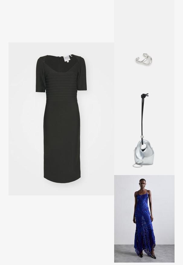 Schwarzes, tailliertes Kleid mit quadratischem Ausschnitt, kurzen Ärmeln und strukturierten horizontalen Streifen. Reißverschluss im Rücken und knielanges Design.; Maxikleid im blauen und lila Tiermuster mit dünnen Trägern, einem taillierten Oberteil, ausgestelltem Saum und transparenten Überlagerungen.; Silberne metallische Handtasche mit einer einzigartigen, glatten, organischen Form. Verfügt über einen schwarzen Kordelriemen und eine kleine Kette für vielseitige Tragemöglichkeiten.; Maria Black RIVER EARCUFF - Ohrringe - silver