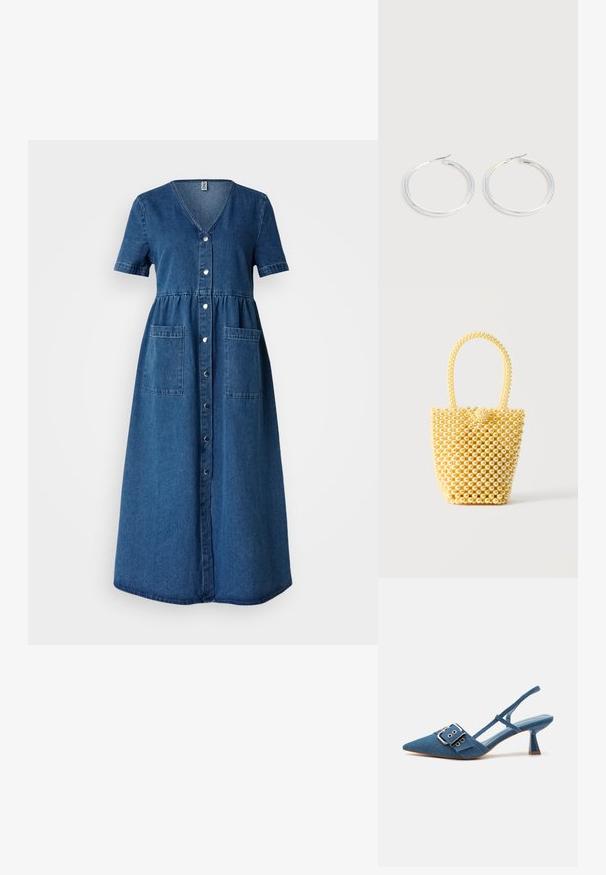 Denimkleit V-kaelusega, lühikeste varrukatega, nööpidega ees, kitseneva taljega ja kahe esime taskuga. Sügavalt sinine värv ja sile tekstuur.; Denim slingback-kontsad, millel on terav nina, reguleeritav pannal ja läikiv sinine konts. Sile tekstuur koos heleda sinise sisetallaga.; Väike ämbrikujuline käekott läikivatest kreemjatest helmestest, millel on rõngaskujuline helmestega käepide ja dekoratiivne helmeste sõlmkinnitus.; Paari läikiva hõbedase rõngaskujulise kõrvarõngastega, millel on õhukesed traatlukkud, kuvatud heleda halli taustal.