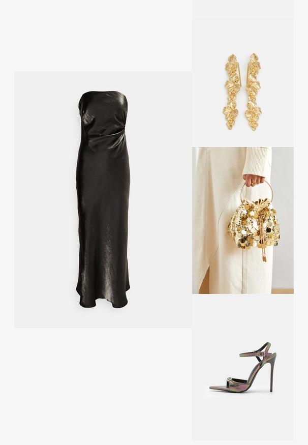 Forever New Petite ASHTON STRAPLESS DRESS - Iltapuku - gunmetal; Korkokenkäsandaalit, joissa on monivärinen, teksturoitu käärmeennahkakuosi. Varustettu säädettävillä nilkkahihnoilla ja teräväkärkisellä muotoilulla.; Kultaista paljettikangasta oleva nyöriolkalaukku, jossa on pyöreä kahva, kiiltävät pyöreät paljetit ja teksturoitu kangas. Mittoja ei ole ilmoitettu.; Kultaiset korvakorut, jotka on suunniteltu putoaviksi lehdiksi, esittävät yksityiskohtaisia lehtikuvioita ja kiiltävän metallipinnan. Kevyet ja herkälle rakenteelle.