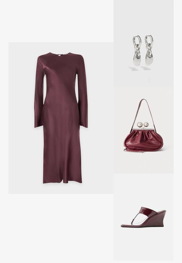 Robe à manches longues, longueur genou, en tissu brillant bordeaux foncé, avec un col rond et une petite fermeture à bouton dans le dos.; Sandale compensée bordeaux brillante pour femme avec bride d’orteil et talon angulaire, vue de profil sur fond blanc.; Petit sac à main en cuir bordeaux avec des détails froncés, une fine bandoulière et une fermeture argentée comportant deux gros boutons ronds.; Boucles d'oreilles en argent avec des maillons ovales allongés, présentant une finition polie et un pendentif tombant texturé. Design simple avec des bords lisses.
