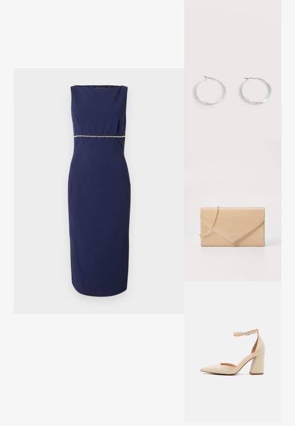 Mørkeblå ærmeløs kjole med bådudskæring, tætsiddende silhuet og et bælte med perleudsmykning. Glat, mat tekstur.; Beige patentlæder højhælede pumps med spids tå, ankelrem og kraftig hæl. Glat tekstur med minimale syninger.; Beige patentlæder clutch med en guld kædestrop, prydet med et kuvertdesign og en spids flaplukning. Glat tekstur hele vejen igennem.; Sølvfarvede metaloorringe med glat, let buet overflade og låsemekanisme på en ensfarvet hvid baggrund.