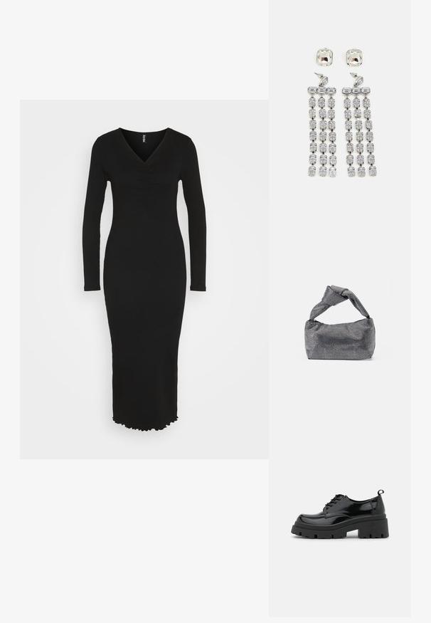 Pieces PCCAMMA V NECK LONG DRESS - Vestido de tubo - black; Zapatos de charol negros con una suela de plataforma gruesa y cordones gruesos. Punta redondeada, detalles mínimos y una pequeña lengüeta en la parte trasera.; Bolso de mano negro y plateado con una superficie texturizada que presenta un patrón de diamante, un asa anudada y una forma estructurada.; Pendientes colgantes de cristal con herrajes en tono plateado, que presentan un stud cuadrado y filas en cascada de cristales rectangulares y octogonales.