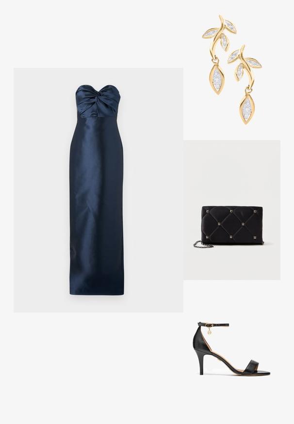 Vestido sin mangas de color azul marino con un cuerpo plisado y textura de satén suave, silueta ajustada y diseño de longitud hasta el suelo.; Sandalia de tacón alto de cuero negro con una sola cinta sobre los dedos, cinta en el tobillo, herrajes dorados y un esbelto tacón de aguja.; Clutch de satén negro acolchado con tachuelas piramidales plateadas, correa de cadena, forma rectangular y textura suave. Dimensiones de 10 cm x 18 cm x 4 cm.; DIAMANT L'ÉTERNEL Pendientes - gold coloured