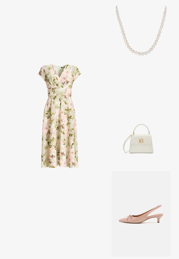 Grøn blomsterprint slå-om kjole med kapærmer, tætsiddende talje og A-formet midi nederdel med rosa og hvide blomster og grønne blade.; Patenteret pink slingback hæle med spids tå, sløjfedetalje foran og lav kittenhæl. Glat tekstur med en blank finish.; Lille hvid håndtaske med topgreb, aftagelig skulderrem og guld rektangulært spænde på frontklap.; En række af glinsende hvide perler, hvor hver enkelt er rund og ens i størrelse, med en glat overflade og en subtil glans, forbundet af en tynd snor.