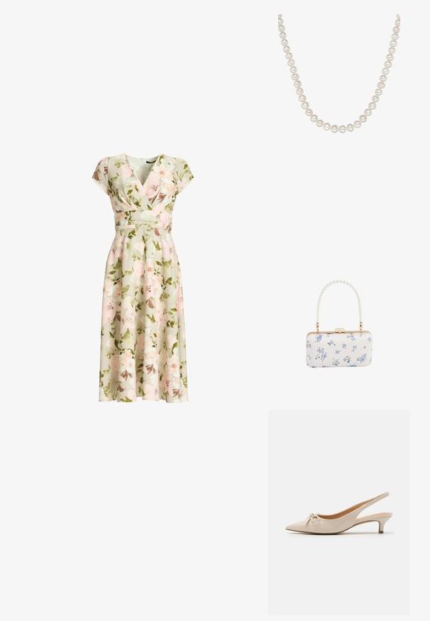 Grøn blomsterprint slå-om kjole med kapærmer, tætsiddende talje og A-formet midi nederdel med rosa og hvide blomster og grønne blade.; Beige patenterede læder slingback hæle med spidse tæer og en dekorativ sløjfe på vampen. Inkluderer en lav, slank hæl og en glat tekstur.; Hvid rektangulær clutch med blåt blomsterprint og perlebehandlet håndtag med guldfarvet hardware og lås.; En række af glinsende hvide perler, hvor hver enkelt er rund og ens i størrelse, med en glat overflade og en subtil glans, forbundet af en tynd snor.