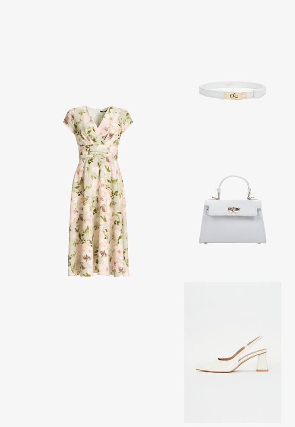 Groene bloemige wikkeljurk met kapmouwen, getailleerde taille en A-lijn midi-rok met roze en witte bloemen en groene bladeren.; Witte patenten leren slingback schoen met een spitse neus en een geometrische blokhak. Het interieur heeft een tan kleurige inlegzool en minimale zijsnedes.; ESTRO Handtas - white; Witte leren riem met gouden metalen gesp met een rechthoekige draaivergrendeling, weergegeven tegen een witte achtergrond.