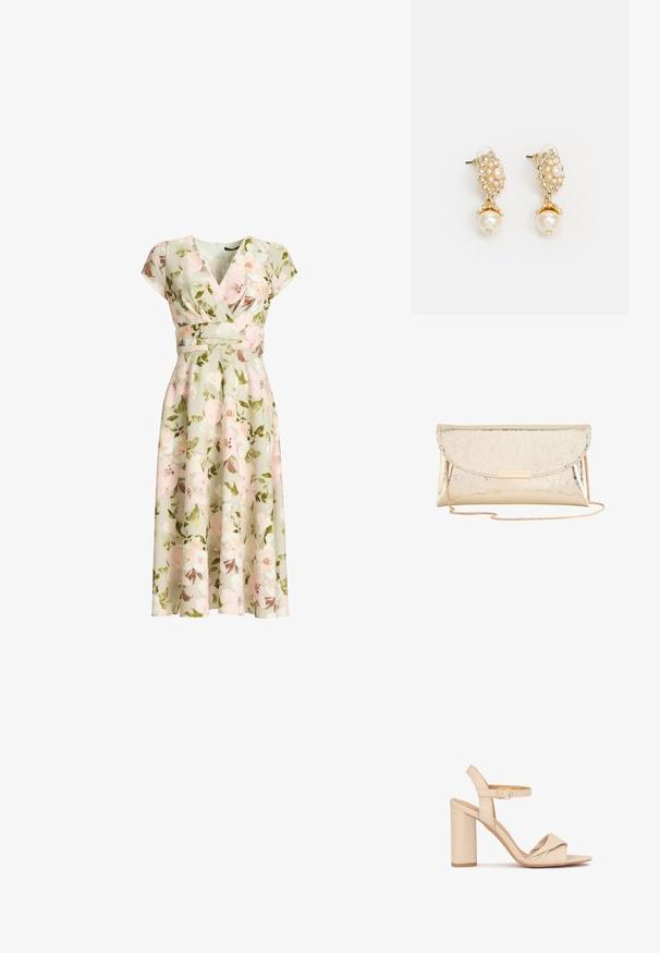 Grøn blomsterprint slå-om kjole med kapærmer, tætsiddende talje og A-formet midi nederdel med rosa og hvide blomster og grønne blade.; Beige højhælede sandaler med en knyttet frontdesign, justerbar ankelrem og en solid blokhæls, lavet af glat læder.; Skinnende gylden metallisk clutch taske med kæderem og en rektangulær gylden lås på frontklappen.; Guldtonede øreringe med et blomstermotiv, prydet med perleaccent og en større perledrop. Udsmykket med små, klare krystaller.