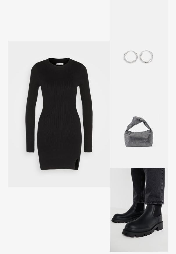 Hollister Co. CHAIN BODYCON SWEATER DRESS - Svetríkové šaty - black; Čierne členkové čižmy s masívnou podrážkou, vyrobené z hladkej kože, s elastickými bočnými panelmi a blokovým opätkom, skombinované s tmavými džínsami.; Čierna a strieborná kabelka s textúrovaným povrchom so vzorom diamantov, s uzlovou rukoväťou a štruktúrovaným tvarom.; Strieborné kruhové náušnice s vlnitou, nepravidelnou textúrou. Majú tenký, kruhový tvar a reflektujúci povrch.
