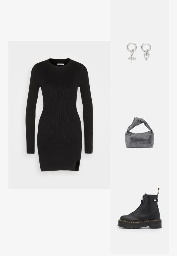 Hollister Co. CHAIN BODYCON SWEATER DRESS - Strickkleid - black; Schwarze Knöchelboots aus glattem Leder, ausgestattet mit einem seitlichen Reißverschluss, gelben Nähten und einer dicken, geriffelten Gummisohle.; Schwarz-silberne Handtasche mit einer strukturierten Oberfläche, die ein Diamantmuster aufweist, einem geknoteten Griff und einer strukturierten Form.; Silberne Creolen mit einem Kreuz- und Herz-Anhänger. Glatte, glänzende Textur mit polierter Oberfläche. Jeder Anhänger hängt an einem sicheren Ring.