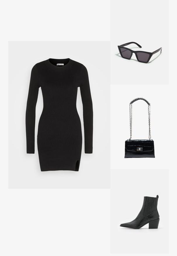 Hollister Co. CHAIN BODYCON SWEATER DRESS - Strickkleid - black; RAID ROCCO - Cowboy-/Bikerstiefelette - black; Schwarze, eckige Sonnenbrille mit grauen Gläsern; aus Kunststoff gefertigt, mit dicken Bügeln, die eine glatte Oberfläche und keine sichtbaren Beschläge haben.; Schwarze Handtasche aus Krokodilleder mit silbernem Drehverschluss und langem silbernem Kettenriemen mit Leder-Schulterpolster.