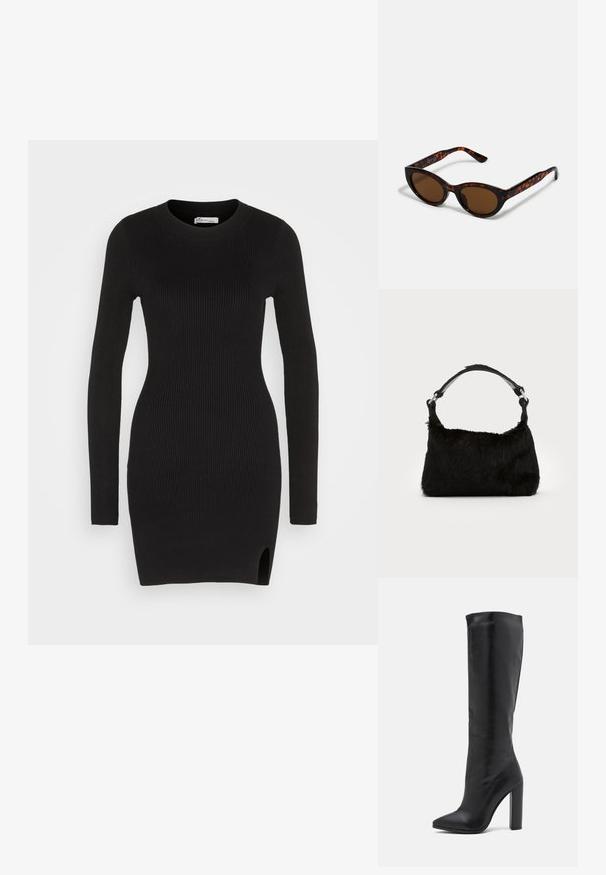 Hollister Co. CHAIN BODYCON SWEATER DRESS - Strikkjoler - black; RAID PRISCA - Højhælede støvler - black; Brune skildpadde solbriller med en vintage katteøje-form og brune linser. Har buede arme med røde detaljer.; Sort faux fur håndtaske med en blød tekstur, rund form og en robust skulderrem i sort læder. Synlige sølvhardware-detaljer.