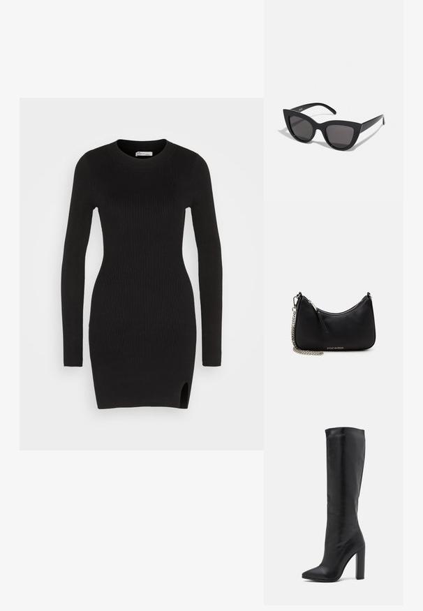 Hollister Co. CHAIN BODYCON SWEATER DRESS - Strikkjoler - black; RAID PRISCA - Højhælede støvler - black; Sorte cat-eye solbriller med mat finish, der har grå tonede linser, skarpe vinkler og slanke sidearme. Mærkenavnet er synligt på den indre arm.; Sort syntetisk håndtaske med en buet form, sølv kædetræk, lynlåslukning og præget brandlogo på forsiden. Glat tekstur.
