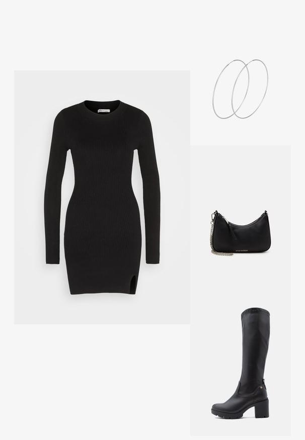 Hollister Co. CHAIN BODYCON SWEATER DRESS - Strikkjoler - black; Sorte knæhøje støvler lavet af glat læder med firkantet tå, kraftig blokhælt og tekstureret gummisål. Har et diskret logodetalje.; Sort syntetisk håndtaske med en buet form, sølv kædetræk, lynlåslukning og præget brandlogo på forsiden. Glat tekstur.; Sølvøreringe med et minimalistisk design. Cirkulær form, glat tekstur og tynd profil. Letvægtige med en poleret overflade.