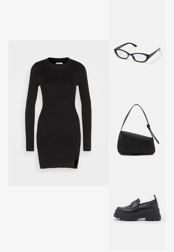 Hollister Co. CHAIN BODYCON SWEATER DRESS - Strikkjoler - black; Sort læderloafer med tyk rillede sål, mok tå syning, remdetalje over toppen og trækstrop på hælen, vist i sideprofil.; Katteøje briller med en blank mørk skildpadde plastisk ramme, der har buede arme og klare linser. Minimal branding på siden.; Sort læderhåndtaske med en triangular form, skrå klap og et rundt håndtag. Har en glat overflade og minimalistiske design detaljer.