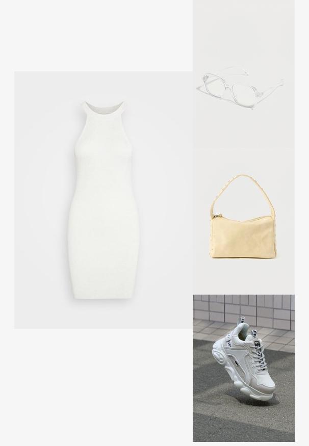 Samsøe Samsøe ASHLI DRESS - Gebreide jurk - nimbus melange; Witte sneaker van mesh en leer, met een ronde neus, dikke zool, opvallende veters en merklogo op de hak en tong.; Transparante rechthoekige bril met heldere monturen en pootjes, geplaatst op een witte ondergrond met zachte schaduwen.; Kleine beige leren handtas met een enkele band en zilveren studs langs de randen en band, tegen een effen achtergrond.