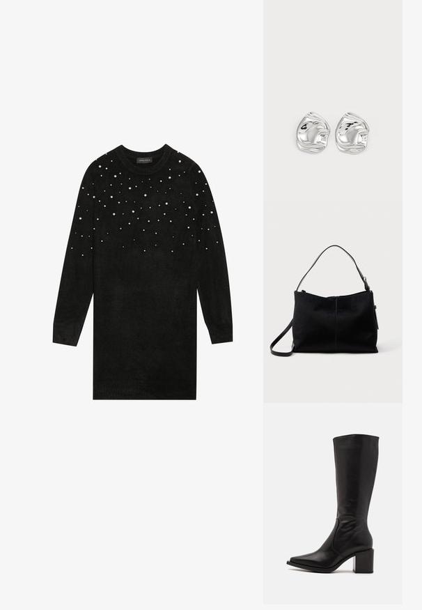 Sort sweater med lange ærmer, rund hals og perleudsmykninger spredt over den øverste del. Blød tekstur, ribbede manchetter og kant.; Zign by Zalando LEATHER - Høje støvler/ Støvler - black; Sort skuldertaske med en glat, tekstureret overflade, prydet med en enkelt rem og en lynlåslukning øverst. Kompakt rektangulær form.; Sølv abstrakte stud øreringe med en poleret finish, der har glatte kurver og subtile konturer. Ingen synlige mønstre eller accenter.