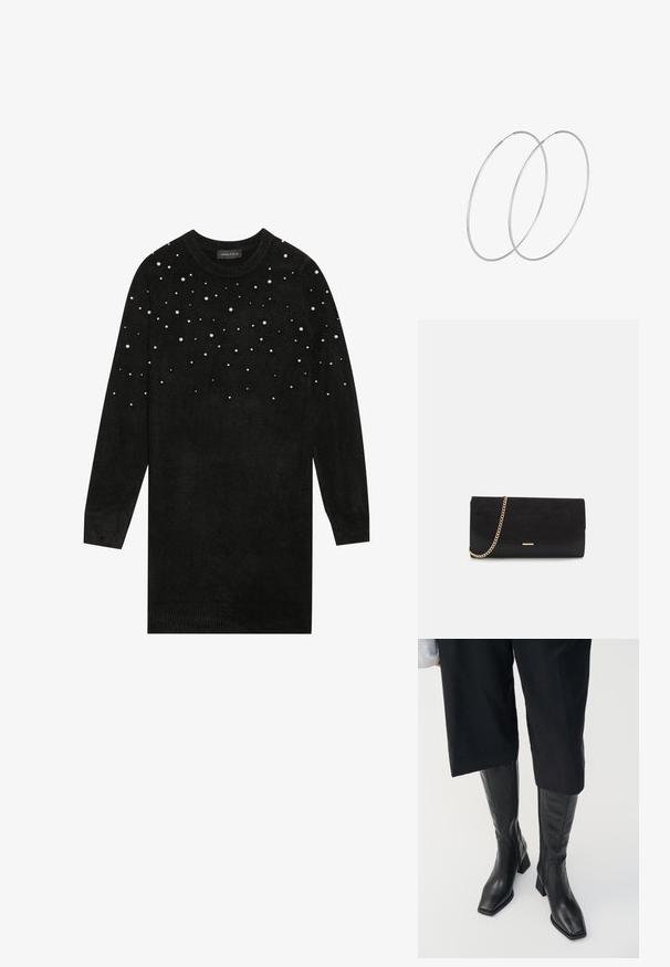 Sort sweater med lange ærmer, rund hals og perleudsmykninger spredt over den øverste del. Blød tekstur, ribbede manchetter og kant.; Sorte læder støvler til knæene med firkantet tå og blokhælc. Har en sidezipper og glat tekstur.; Sort clutch taske lavet af ruskind med en struktureret overflade, udstyret med en guld kædestrop og et elegant, kantet design.; Sølvøreringe med et minimalistisk design. Cirkulær form, glat tekstur og tynd profil. Letvægtige med en poleret overflade.