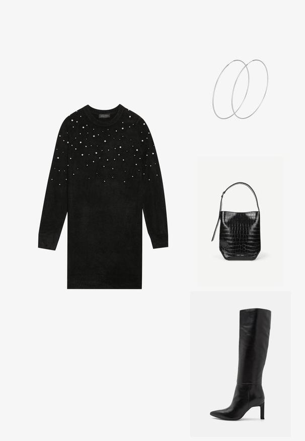 Pull noir avec des manches longues, col rond et des embellissements en perles dispersés sur la partie supérieure. Texture douce, poignets et ourlet côtelés.; Bottes noires en cuir à talons aiguilles, montant jusqu'au genou, avec une pointe fine et une texture lisse. Le talon est de style bloc, ajoutant de la stabilité au design.; Sac seau en cuir embossé noir façon croco avec une seule bandoulière et un petit logo argenté de la marque au centre en bas à l'avant.; Boucles d'oreilles en argent au design minimaliste. Forme circulaire, texture lisse et profil fin. Légères avec une finition polie.
