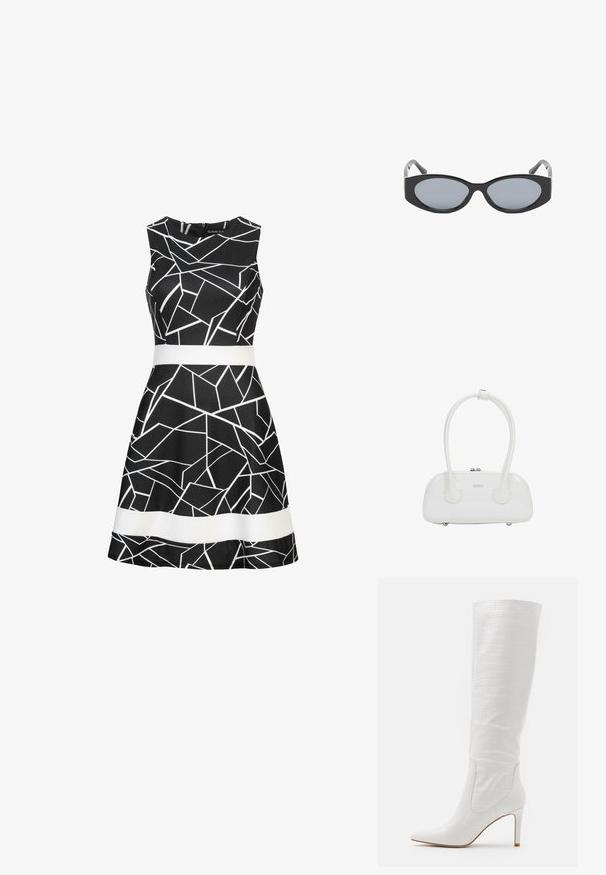 Robe sans manches noire avec un motif géométrique blanc et une ceinture blanche contrastante à la taille. Tissu lisse et design de jupe évasée.; RAID TRIBUTE - Bottes à talons hauts - white; Lunettes de soleil ovales noires avec des montures épaisses et des verres gris foncé, vues de face sur fond blanc.; Sac à main en cuir verni blanc avec poignées doubles arrondies, fermeture éclair argentée et logo discret "estro" sur le devant.