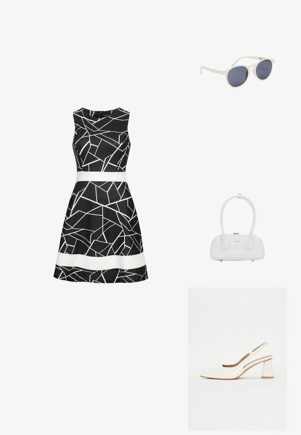 Zwarte mouwloze jurk met een geometrisch wit patroon en een contrasterende witte riem op de taille. Glad materiaal en een uitlopende rokdesign.; Witte patenten leren slingback schoen met een spitse neus en een geometrische blokhak. Het interieur heeft een tan kleurige inlegzool en minimale zijsnedes.; Witte zonnebril met ronde montuur, donkere getinte glazen en licht gebogen pootjes, rustend op een witte ondergrond.; Witte handtas van lakleer met dubbele afgeronde handvatten, zilverkleurige ritsluiting en subtiel "estro"-logo aan de voorkant.
