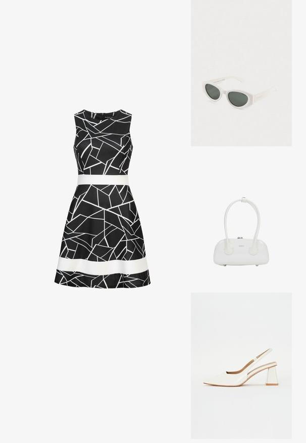 Zwarte mouwloze jurk met een geometrisch wit patroon en een contrasterende witte riem op de taille. Glad materiaal en een uitlopende rokdesign.; Witte patenten leren slingback schoen met een spitse neus en een geometrische blokhak. Het interieur heeft een tan kleurige inlegzool en minimale zijsnedes.; Witte cat-eye zonnebril met donkere gepolariseerde lenzen en een frame van gerecycled polycarbonaat op een effen witte achtergrond.; Witte handtas van lakleer met dubbele afgeronde handvatten, zilverkleurige ritsluiting en subtiel "estro"-logo aan de voorkant.
