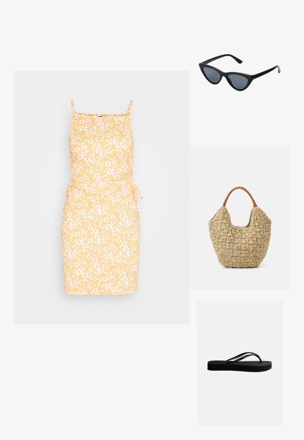 Pieces PCHYLMU DRAWSTRING MINI DRESS - Šaty do práce - golden yellow; Čierna gumená žabky s textúrovanou podrážkou a Y-tvarovaným remienkom, zobrazené z boku na svetlom jednoduchom pozadí.; Čierne slnečné okuliare v štýle mačacích očí s tmavošedými sklami, elegantným plastovým rámom, špicatými rohmi a rovnými stranami. Bez viditeľného hardvéru alebo akcentov.; Tkaná slamenná taška s prírodnou textúrou a jemným, organickým tvarom, s hnedými koženými uchami pre jednoduché nosenie.