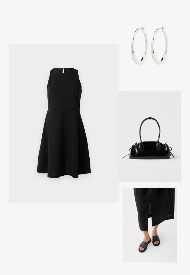 Vestido negro sin mangas con cuerpo ajustado y falda acampanada, escote alto y cierre posterior con botones, exhibido sobre un fondo blanco liso.; Sandalias negras tipo slide con una tira ancha, suela plana y diseño minimalista. El material parece liso con un acabado mate.; Pequeño bolso negro brillante con dos asas largas y detalles de cordón lateral sobre un fondo claro liso.; Pendientes de aro de plata con un acabado suave y brillante. Forma circular, con un cierre seguro. Diseño sencillo y elegante.