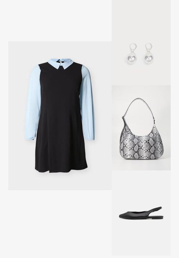 Sort kjole med lyseblå lange ærmer og krave, med en nøglehulsknaplukning på bagsiden af halsudskæringen.; Sorte læder slingback sko med spidse tæer, flad hæl og buet udskæringsdesign. Glat overflade og minimalistisk stil.; Sort-hvid slangemønster skuldertaske med en rund form, glat tekstur og en buet rem. Har et sølvfarvet hardware-accents.; Sølv dråbeøreringe med glatte, runde, reflekterende overflader hængende fra svingelukkede låse. Baggrunden er helt hvid.