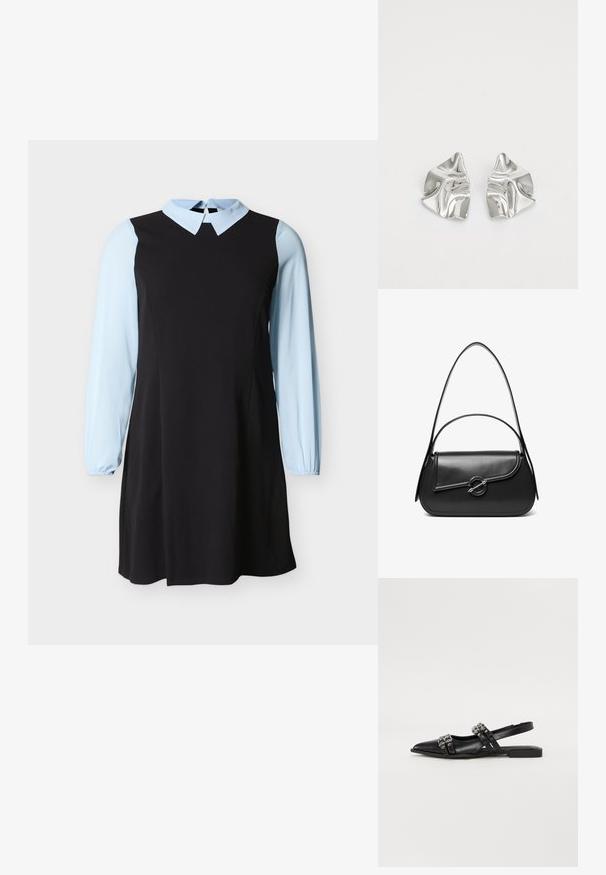 Zwarte jurk met lichtblauwe lange mouwen en kraag, voorzien van een knoopsluiting met sleutelgat aan de achterzijde van de halslijn.; Even&Odd by Zalando Slingback ballerina´s - black; Zwarte leren schoudertas met een gebogen klep die is bevestigd met een ronde metalen sluiting en een smalle, verstelbare band.; Zilveren metalen oorbellen met een golvend, sculpturaal ontwerp, voorzien van een gepolijste afwerking en onregelmatige vormen, die een hedendaagse esthetiek benadrukken.