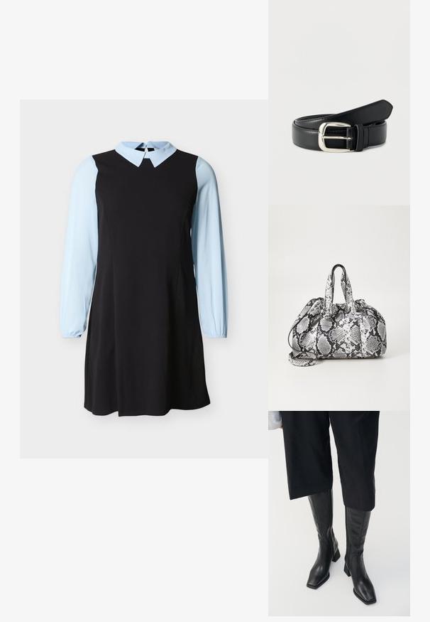 Robe noire avec manches longues et col bleu clair, dotée d'une fermeture à bouton en trou clé à l'arrière du col.; Bottes en cuir noir arrivant au genou avec un bout carré et un talon bloc. Elles présentent une fermeture éclair sur le côté et une texture lisse.; Sac à main en motif peau de serpent noir et blanc avec deux poignées, une fermeture à cordon et une bandoulière amovible. Texture lisse.; Ceinture en cuir noir avec boucle rectangulaire en argent, enroulée et posée sur une surface blanche.