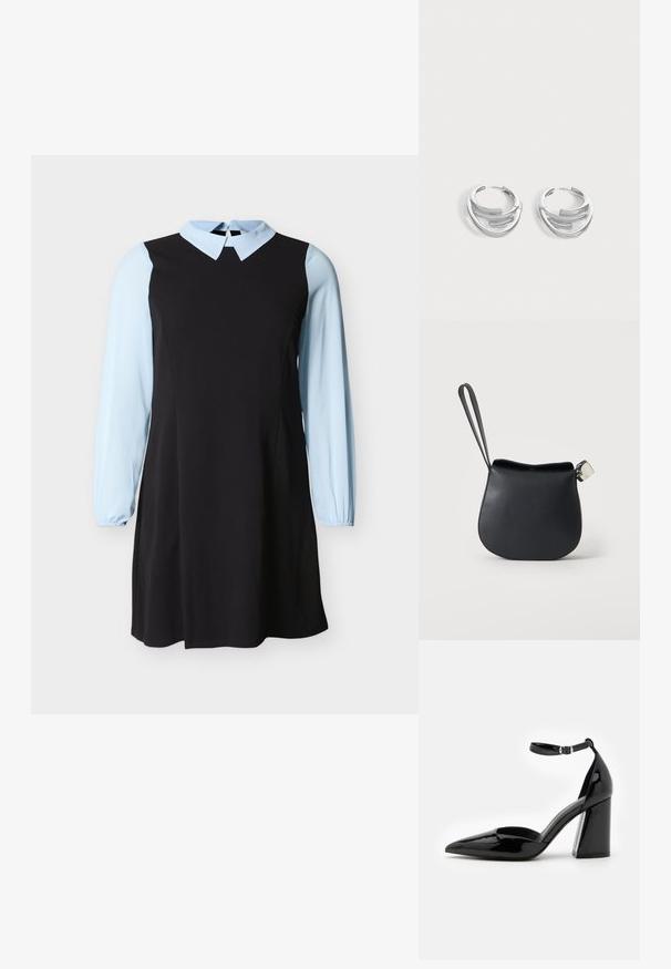 Vestido negro con mangas largas y cuello en azul claro, con cierre de botón en forma de ojo de cerradura en la parte trasera del escote.; Zapato de tacón alto de charol negro con punta afilada, correa en el tobillo y ancho tacón bloque para mayor estabilidad, con una textura suave y brillante.; Bolso de muñeca de cuero negro con base redondeada y cierre plateado sobre un fondo blanco liso.; Par de pendientes de aro plateados pulidos con diseño de barra curva en capas sobre un fondo claro y liso.