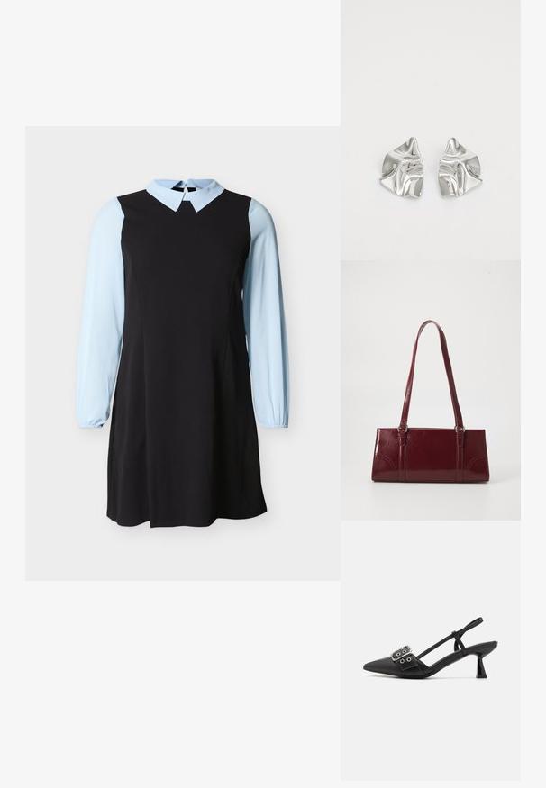 Robe noire avec manches longues et col bleu clair, dotée d'une fermeture à bouton en trou clé à l'arrière du col.; Simmi London DALA - Escarpins - black; Sac à main bordeaux en matériau brillant, de forme rectangulaire, avec deux anses et des accents légèrement courbés à l'avant.; Boucles d'oreilles en métal argenté avec un design ondulé et sculptural, présentant une finition polie et des formes irrégulières, mettant en valeur une esthétique contemporaine.