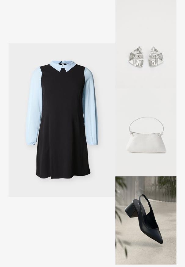Robe noire avec manches longues et col bleu clair, dotée d'une fermeture à bouton en trou clé à l'arrière du col.; Escarpin noir en cuir avec un bout pointu et un talon bloc. Texture lisse, design minimaliste et bride de cheville réglable.; Sac à main en cuir tressé blanc avec poignée arrondie et extrémités de lanière nouées, présenté sur un fond uni.; Boucles d'oreilles en métal argenté avec un design ondulé et sculptural, présentant une finition polie et des formes irrégulières, mettant en valeur une esthétique contemporaine.