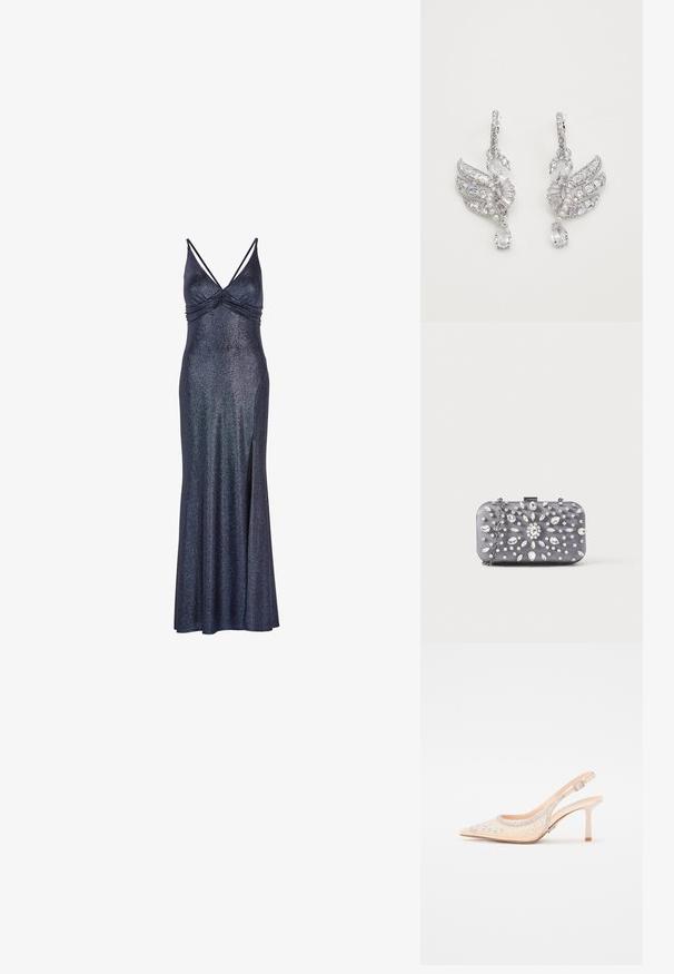 Lange, marineblauwe mouwloze jurk met een glimmende afwerking. Beschikt over een gegatherde buste en een zijsplit voor gemakkelijke beweging. Metallic accent in de stof.; Steve Madden VERO - Hoge hakken - champagne; Kleine rechthoekige donkergrijze clutch versierd met heldere strass-steentjes in een uitstralend patroon en een zilveren kettingband.; Zilveren oorbellen in de vorm van zwanen, met heldere kristallen, parelaccenten en een druppelontwerp met een druppelvormige edelsteen.
