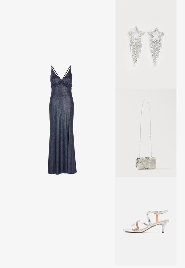 Vestido largo sin mangas de color azul marino con un acabado brillante. Presenta un escote fruncido y una abertura lateral para mayor libertad de movimiento. Acento metálico en la tela.; Sandalia de tacón bajo con tiras plateadas, textura metálica, correa de tobillo ajustable y diseño de punta abierta. Plantilla lisa.; Clutch rectangular de cuentas plateadas con patrones florales y una larga correa delgada de cadena plateada, exhibido sobre un fondo liso.; Pendientes en forma de estrella con strass y detalles de flecos en cascada, con un tono plateado y una superficie brillante y reflectante. Forma de estrella con un diseño intrincado.
