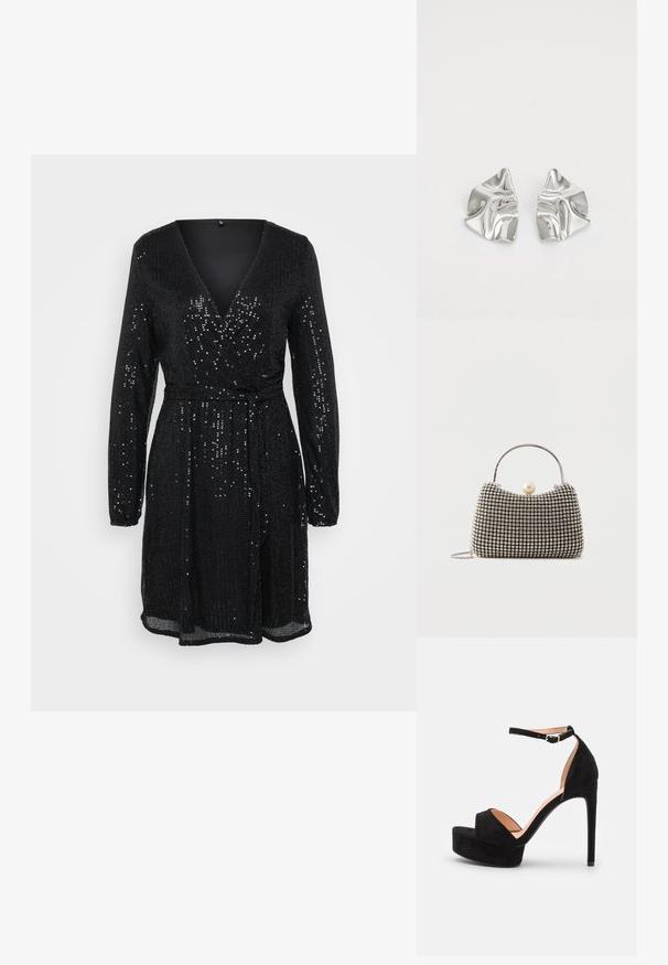 Vestido negro con mangas largas, escote en V y diseño envolvente. Cubierto de lentejuelas para textura y brillo, con una cintura ceñida por un cinturón.; Sandalia de tacón alto de ante negro con suela de plataforma, tira en el tobillo con herrajes plateados, diseño de punta abierta y textura suave.; Pequeño bolso de mano con patrón de cuadrícula plateada, asa curva, gran cierre de perla y una delgada correa de cadena plateada sobre un fondo liso.; Pendientes de metal plateado con un diseño ondulado y escultórico, que presentan un acabado pulido y formas irregulares, destacando una estética contemporánea.