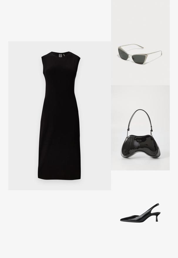 Ærmeløs sort midikjole med tæt pasform, rund halsudskæring og lige kant mod en lys grå baggrund.; Sorte slingback pumps med spids tå, lavet af tekstureret syntetisk materiale, med en slank hæl og et åbent sides_design.; Sølv trekantede solbriller med mørke linser. Stellet har et tekstureret design og små udsmykninger i hjørnerne. Slankt metalstruktur.; Sort patentlæder håndtaske med en unik buet form, kort justerbar hank og en lynlåslukning i toppen. Glat tekstur med diskret branding.