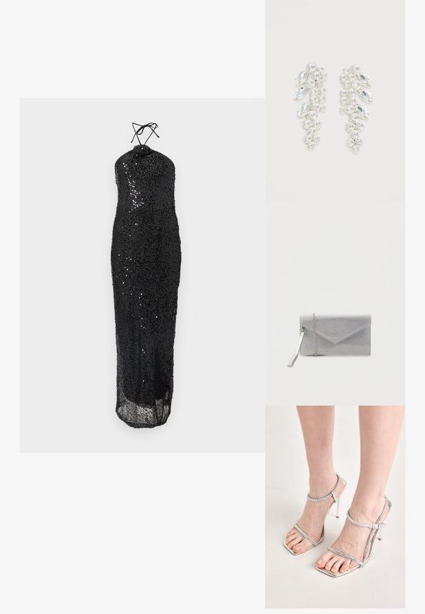 Vestido negro de lentejuelas con un diseño de cuello halter, que presenta un corsé ajustado y una abertura alta en el muslo, textura suave y acabado brillante.; Pies que llevan sandalias de tacón alto plateadas con correas finas y puntas cuadradas, de pie sobre una superficie de color claro.; Bolso de mano rectangular plateado con superficie texturizada, solapa tipo sobre, correa de muñeca desmontable y detalle de cadena delgada sobre fondo blanco.; Par de pendientes en tono plateado con cristales claros facetados agrupados en formas redondas y marquesas sobre fondo blanco.