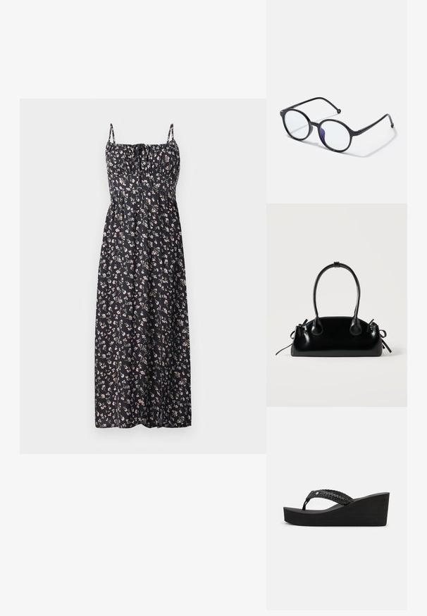 Florale maxi jurk van zwarte stof met kleine roze en witte bloemen, verstelbare bandjes, geplooide corsage en vloeiende rok.; Zwarte wedge-sandalen met een geweven bandontwerp, voorzien van een textuur en een comfortabele zool. Geen zichtbare merknaam of versieringen.; Ronde zwarte bril met dunne monturen, heldere lenzen en een lichte paarse tint aan één kant; slank ontwerp met een gepolijste afwerking.; Kleine zwarte glanzende handtas met twee lange hengsels en zijkant trekkoord details op een effen lichte achtergrond.