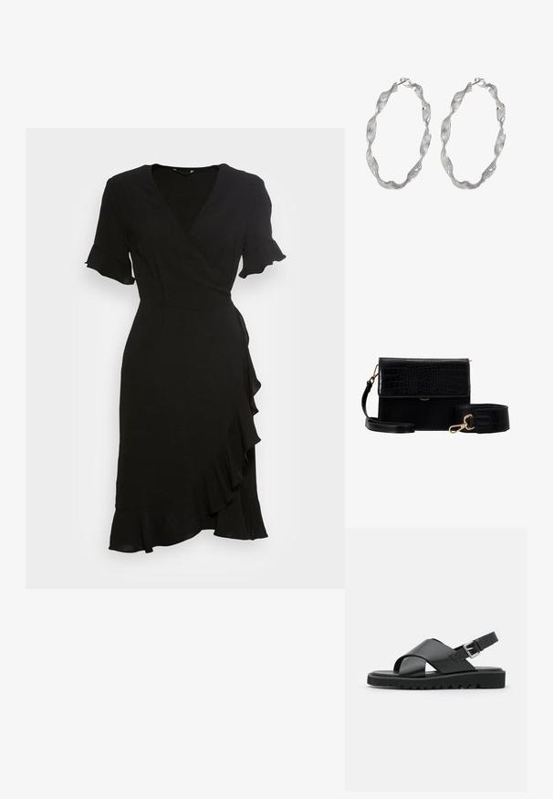 ONLY ONLMETTE WRAP FRILL DRESS - Hverdagskjole - black; Sorte lædersandaler med et korsremdesign, justerbar spænde og en tekstureret sål med riller for bedre greb.; Sort faux læder crossbody taske med krokodillestruktur, guldhardware og en aftagelig rem. Har klaplukning og indvendigt rum.; Sølv hoop øreringe med et snoet design, der har en tekstureret overflade og en sikker lås. Letvægts og reflekterende med en glat finish.