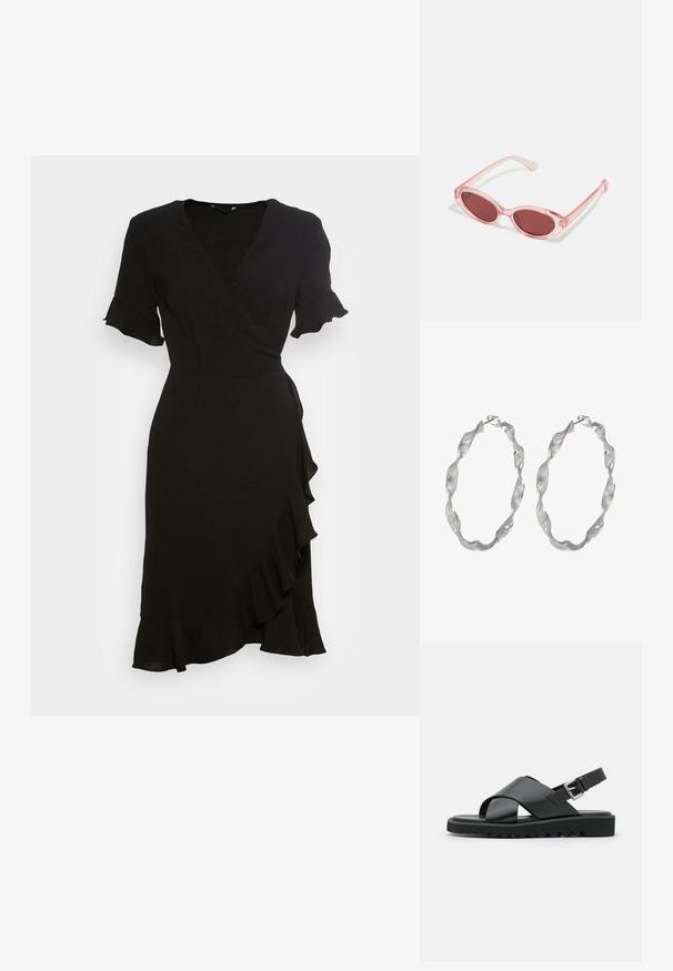 ONLY ONLMETTE WRAP FRILL DRESS - Vestido informal - black; Sandalias de cuero negras con diseño de tiras cruzadas, hebilla ajustable y suela texturizada con estrías para un mejor agarre.; Gafas de sol transparentes rosas con lentes ovalados, tinte rojo oscuro y varillas delgadas, con un acabado suave y detalles sutiles en la montura.; Pendientes de aro de plata con un diseño retorcido, que presentan una superficie texturizada y un cierre seguro. Ligeros y reflectantes con un acabado elegante.