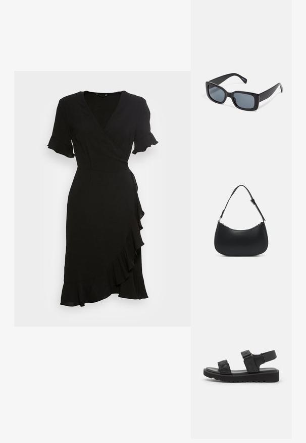 ONLY ONLMETTE WRAP FRILL DRESS - Hverdagskjole - black; Sorte platform sandaler med quiltede stropper, åben tå og justerbar ankelrem. Tekstureret gummisål med zigzag mønster for godt greb.; Sorte rektangulære solbriller med mørkt tonede linser, tyk plastramme og brede stænger. Glat overflade og kantet design.; Pieces PCALUANA SHOULDER BAG - Håndtasker - black