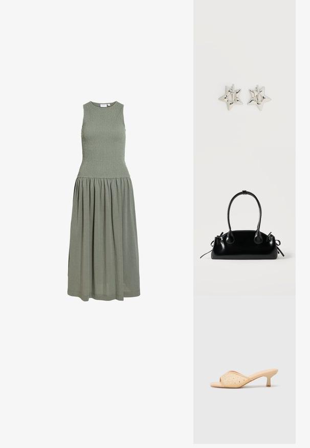 Robe sans manches vert olive avec un corsage smocké ajusté et une jupe midi froncée, encolure ronde, style décontracté.; Mules à talons ouverts beige avec une finition matte lisse, ornés de strass transparents disposés en motif sur le dessus.; Petit sac à main noir brillant avec deux longues anses et des détails à cordon sur les côtés sur un fond clair uni.; Boucles d’oreilles créoles en forme d’étoile argentée avec une finition lisse et polie sur un fond blanc uni.