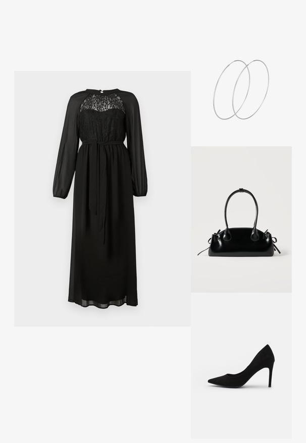 Vestido maxi negro de manga larga con corsé de encaje, mangas transparentes y cinturón atado en la cintura sobre un fondo liso.; Zapato de tacón alto de ante negro con punta afilada, textura suave y tacón de aguja delgado. Diseño clásico con una silueta elegante.; Pequeño bolso negro brillante con dos asas largas y detalles de cordón lateral sobre un fondo claro liso.; Pendientes de aro plateados con un diseño minimalista. Forma circular, textura suave y perfil delgado. Livianos con un acabado pulido.