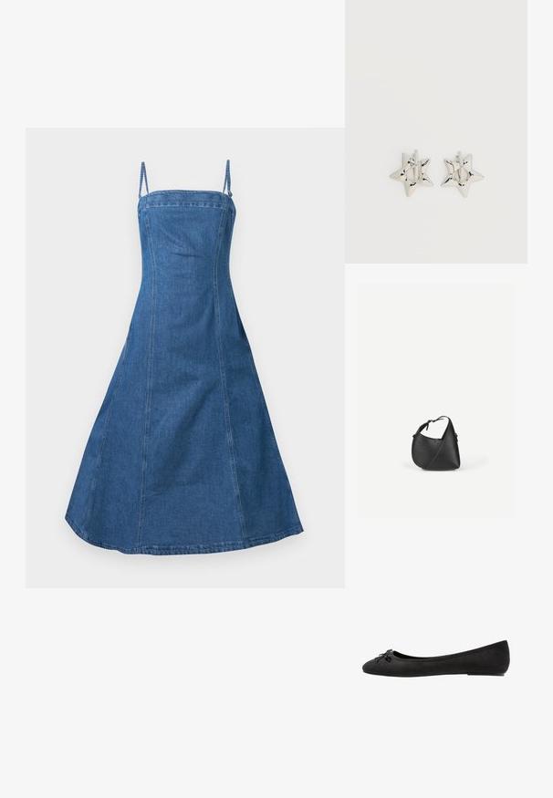 Μπλε denim midi φόρεμα με λεπτές τιράντες, εφαρμοστό μπούστο και φούστα που ανοίγει σε απλό ανοιχτό φόντο.; Μαύρες σουέντ μπαλαρίνες με στρογγυλή μύτη, που διαθέτουν μια διακοσμητική κορδέλα μπροστά και επίπεδο σχεδιασμό σόλας. Λείο υλικό και κλασικό σχήμα.; Μαύρη δερμάτινη τσάντα ώμου με στρογγυλεμένο τριγωνικό σχήμα και ρυθμιζόμενο ιμάντα σε απλό φωτεινό φόντο.; Ασημένια σκουλαρίκια κρίκοι σε σχήμα αστεριού με λείο, γυαλιστερό φινίρισμα σε απλό λευκό φόντο.