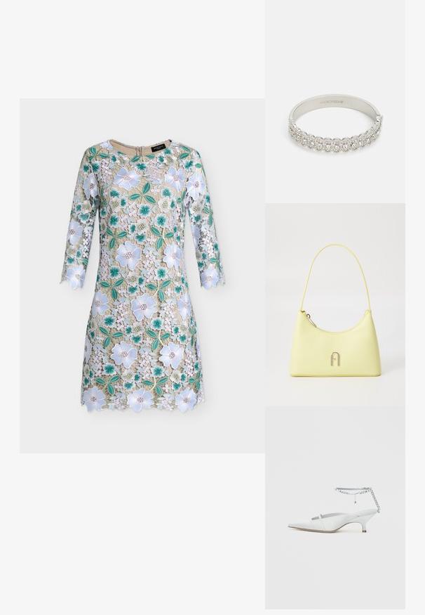 Beige knie-lange jurk met 3/4 mouwen met een kanten overlay van grote witte en turquoise bloemen met groene bladeren.; Witte muil met puntige kittenhak en enkelriem met strass-steentjes op een effen achtergrond.; Geel neplederen handtas met een gladde textuur, ronde vorm en een slanke schouderband; voorzien van een metalen "A"-logo op de voorkant.; Zilveren armband met een rij ronde, heldere kristallen, een gestructureerd patroon, een gladde binnenkant en een sluiting met een haak.