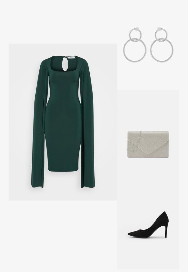 WAL G. SANSA CAPE SLEEVE MIDI - Robe en jersey - forest green; Pompe à talon aiguille en suède noir, avec un bout pointu, une texture lisse et un talon stiletto fin. Design classique avec une silhouette épurée.; Pochette argent métallique au design d'enveloppe, ornée d'un motif texturé, avec une chaîne amovible.; Boucles d'oreilles en métal argenté présentant deux cercles entrelacés, un plus grand et un plus petit, avec une finition brossée et des fermoirs à poussoir.